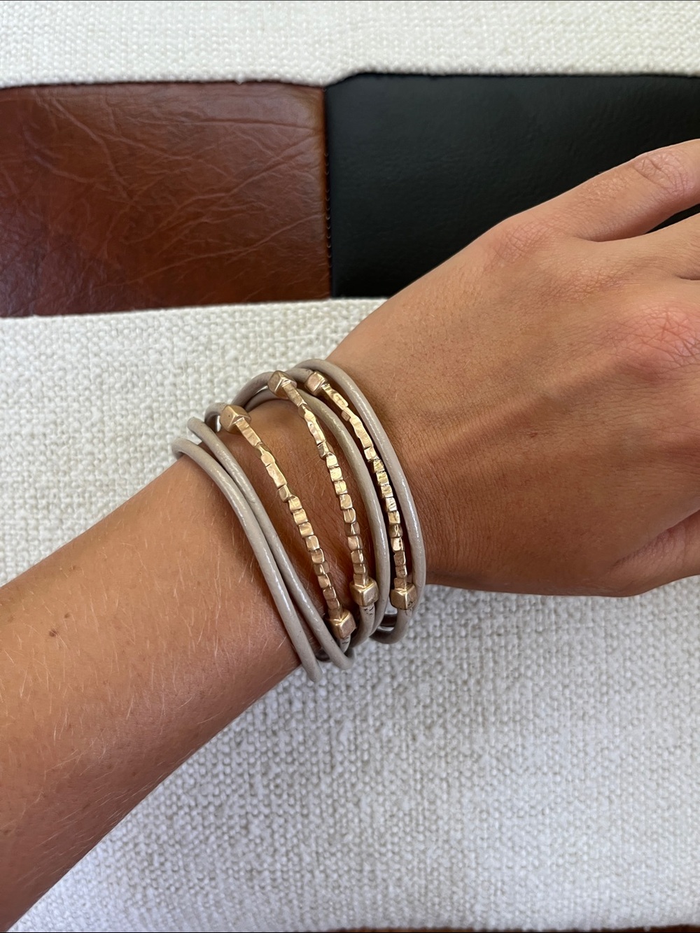 J. Crew Taupe Leather Wrap Bracelet with Gold Beads